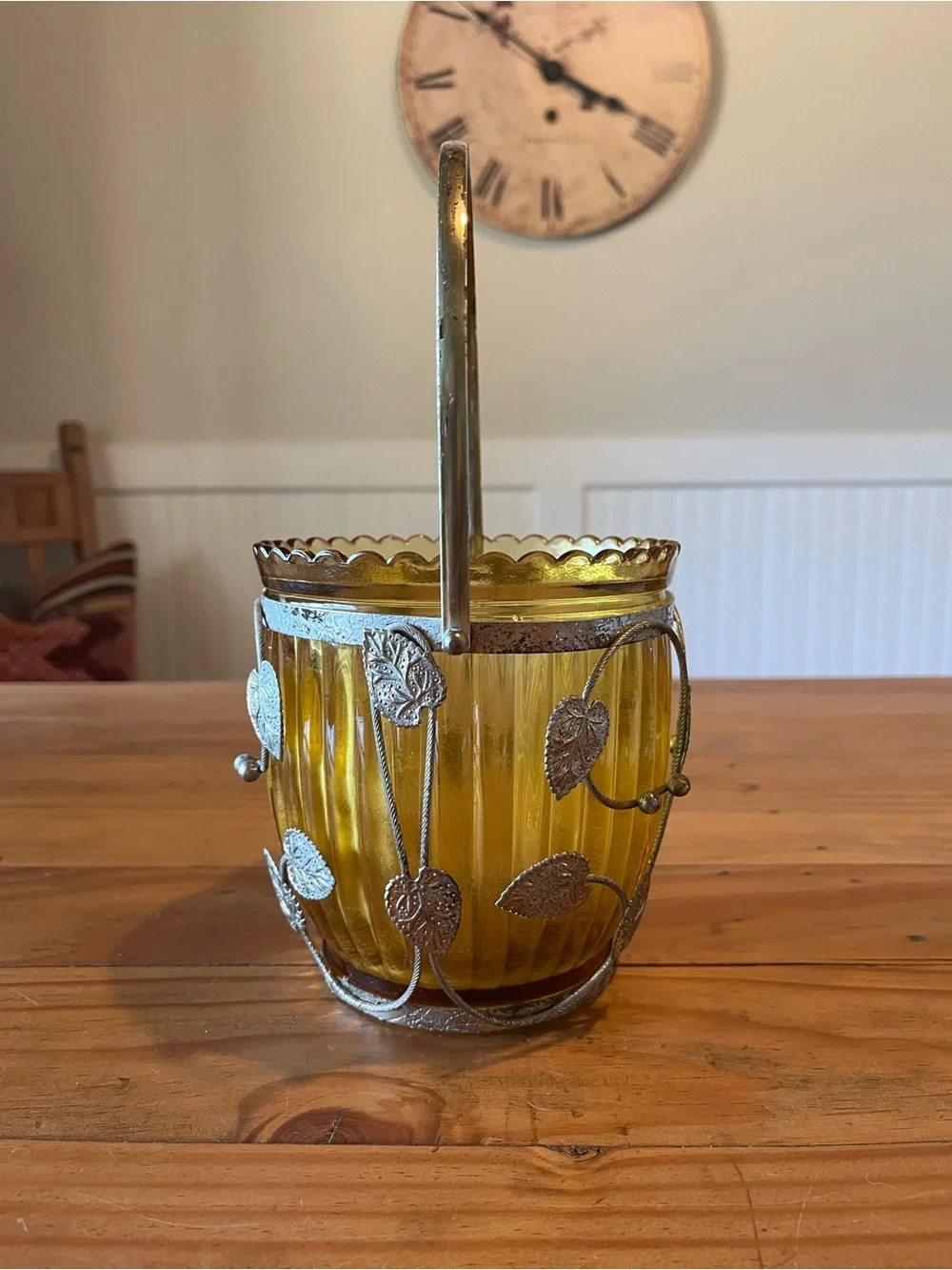 Vintage Amber Glass Ice Bucket with Caged Leaf and Handle